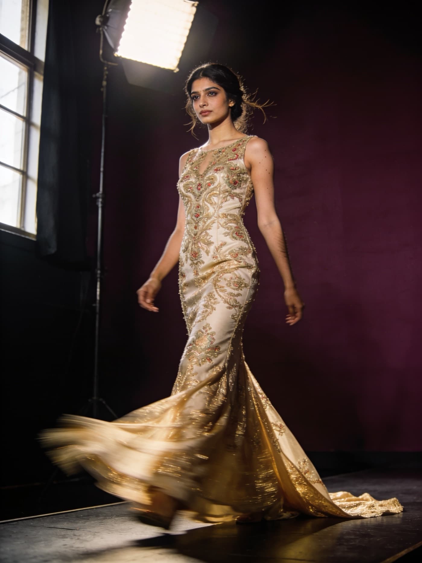 A contestant mid-stride on a spotlit runway, gown trailing behind her
